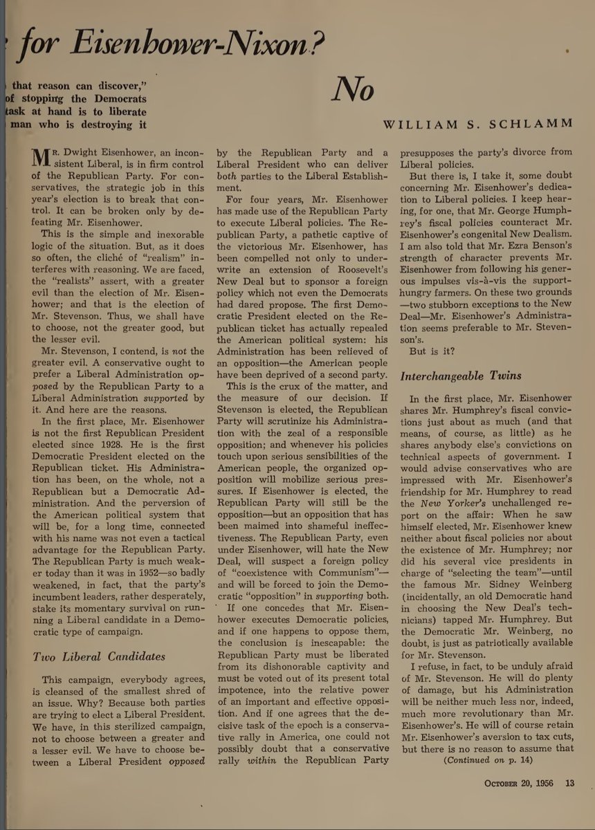 The magazine didn't endorse Eisenhower, instead offering a point/counterpoint discussion of the merits of a Republican liberal.