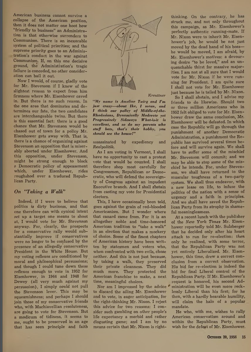The magazine didn't endorse Eisenhower, instead offering a point/counterpoint discussion of the merits of a Republican liberal.