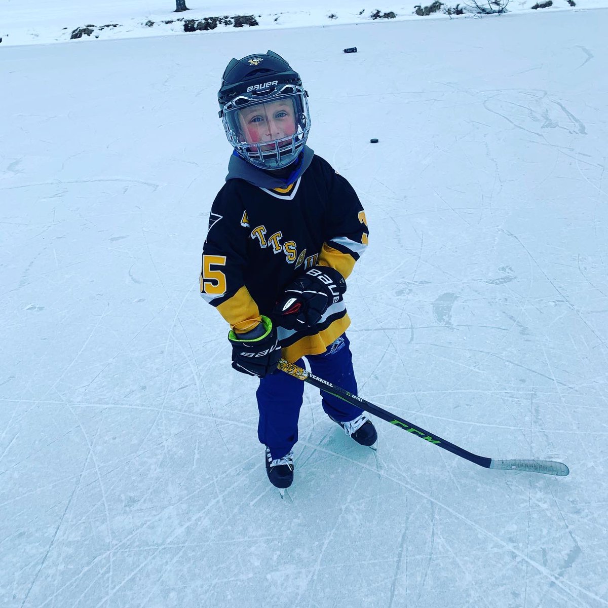Vernall14's tweet photo. @penguins My little guy now wears my favourite jersey from when I was a kid! Tom Barrasso! https://t.co/dlfv55cut5