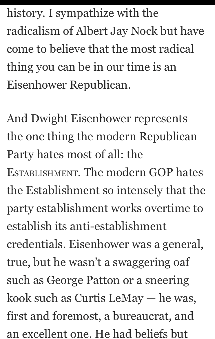 Kevin Williamson runs against conservative orthodoxy with this piece in National Review. But also against the magazine's history of anti-Establishment and Eisenhower criticism. (thread)  https://www.nationalreview.com/the-tuesday/the-end-of-the-gop/