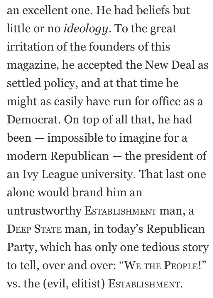 Kevin Williamson runs against conservative orthodoxy with this piece in National Review. But also against the magazine's history of anti-Establishment and Eisenhower criticism. (thread)  https://www.nationalreview.com/the-tuesday/the-end-of-the-gop/