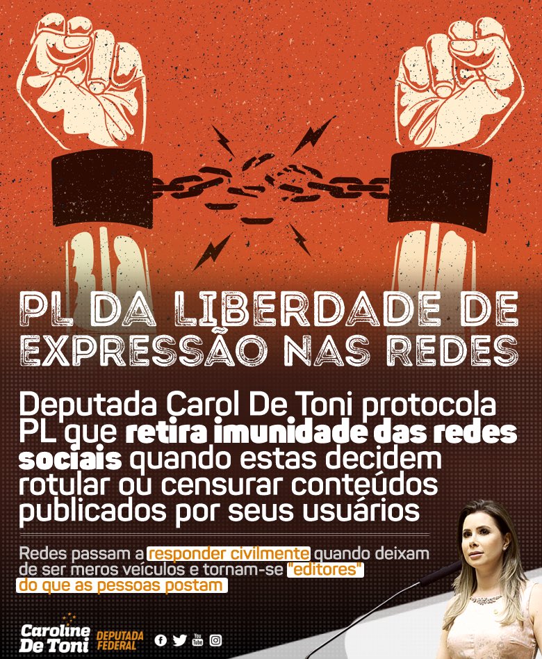 CarolDeToni's tweet image. A fim de assegurar a liberdade de expressão nas redes sociais, apresentei hoje um Projeto de Lei que retira a imunidade dos provedores de internet qdo estes rotulam, censuram ou classificam as opiniões dos usuários, podendo assim responder civilmente pelos seus atos.
