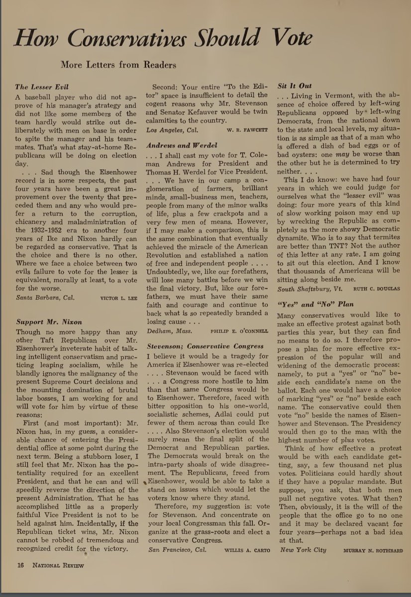 NR's readership had varied views. Some supported the above reasoning, some the segregationist States Rights' Candidate,...