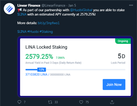  $LINAStill thinking?Heres another one!"As part of our partnership with  @HuobiGlobal" https://twitter.com/LinearFinance/status/1346478043389313024?s=207/9