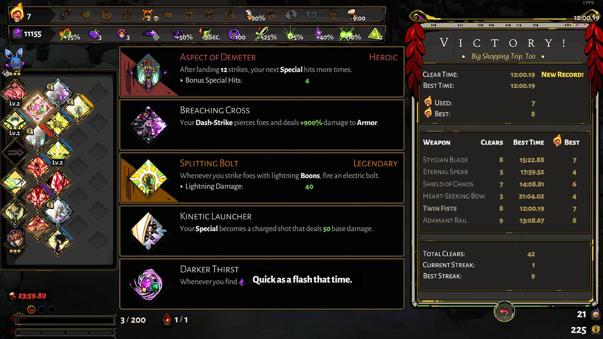 TwoCplus's tweet image. Soooo close to a sub 12 D:
Hades is by far one of the best games I've played recently, and those who haven't played it should definitely put it in their wishlist :eyes: