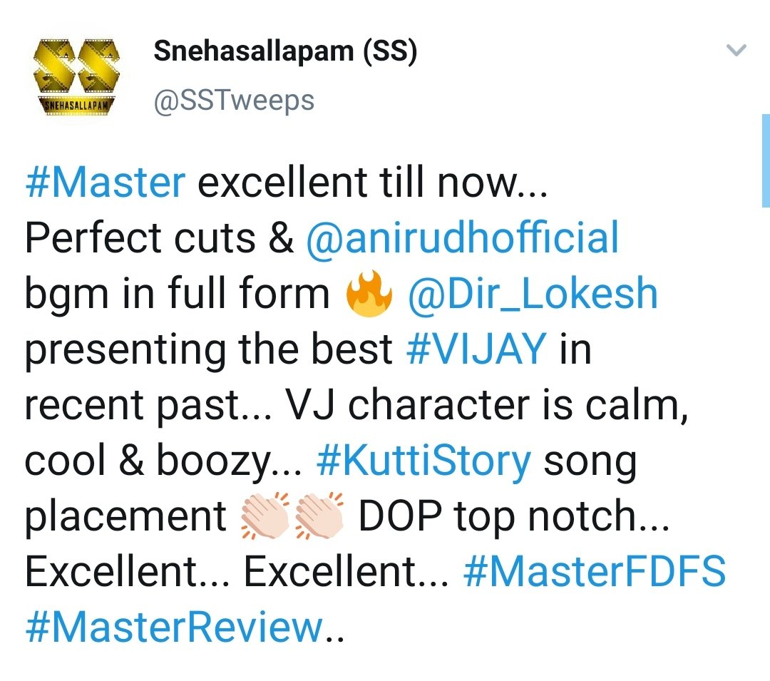 Southwoodoffl's tweet photo. #Master- absolute treat from Thalapathy-@Dir_Lokesh
Thalapathy is cool, mass &amp; boozy, his energy &amp; flexibility🔥
VJS brutal villain👏🏻
VJ-VJS Face-off👌
Very good making from Lokesh.
Ani's BGM stands tall..
As director promised it's 50% Vijay + 50% Lokesh movie..
SUPERB...🌟🌟🌟🌟 https://t.co/PlOFDlRGPN