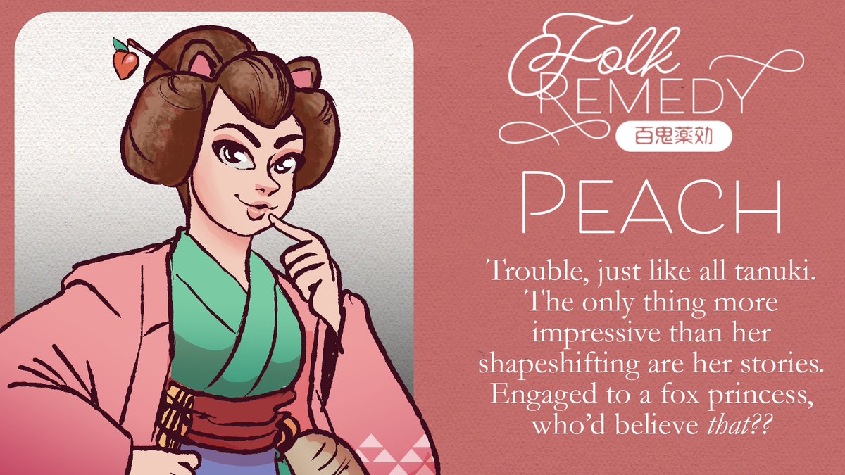 Now it’s Peach! (she/her)A Tanuki (raccoon dog), Peach loves causing trouble. Also sake. And ladies. And precious things that don’t belong to her. Did I mention she causes trouble?