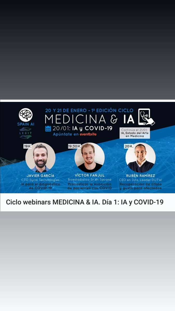 Gracias a la invitación de <a href="/Spain_AI_/">Spain AI</a> participaré en el evento Medicina&amp;IA 🩺🤖
El 20 de enero para hablar sobre #InteligenciaArtificial aplicada a la #Salud y nuestra terapia de recuperacion de olfato para afectados por #COVID19 
Inscripción aquí 👇
eventbrite.es/e/entradas-cic…