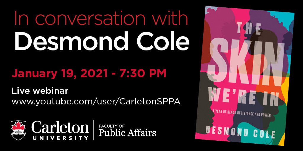 We are honoured to feature activist and journalist Desmond Cole (<a href="/DesmondCole/">Rizzy Gillespie</a>) in the third instalment of our “In Conversation” series with @CU_AKCESS and <a href="/CarletonSPPA/">Carleton SPPA</a> on Tuesday, January 19th at 7:30pm EST