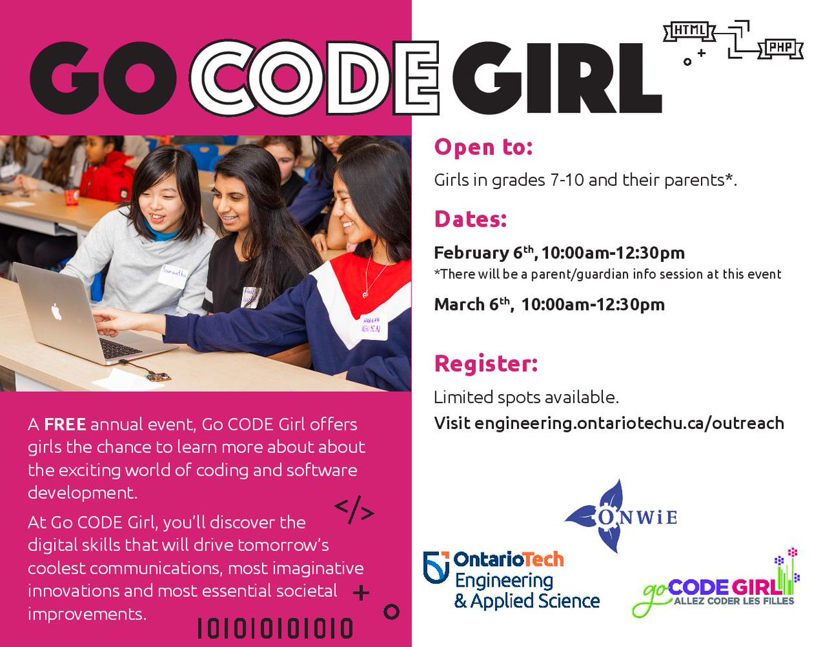 OT_Outreach's tweet image. Calling all girls in grades 7-10: registration for Go CODE Girl is now OPEN!

At this FREE event, we'll explore the fields of technology, computing and software engineering and the exciting jobs that they offer 💻👩‍💻

Spaces are limited, register today! bit.ly/2K5Kzr4