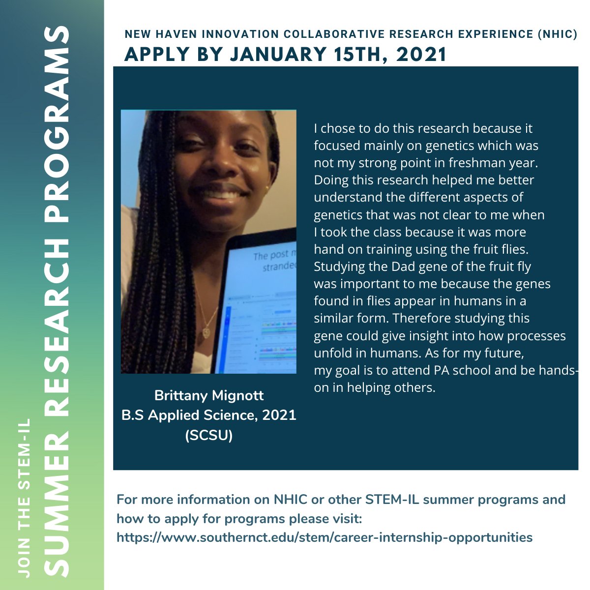 STEM-IL's Internship and Research Experience Program is more than just research. 
Read about fellow Brittany Mignott who has successfully completed one of STEM-IL's summer programs! 

For more information about summer programs and applications, go to: southernct.edu/stem/career-in…