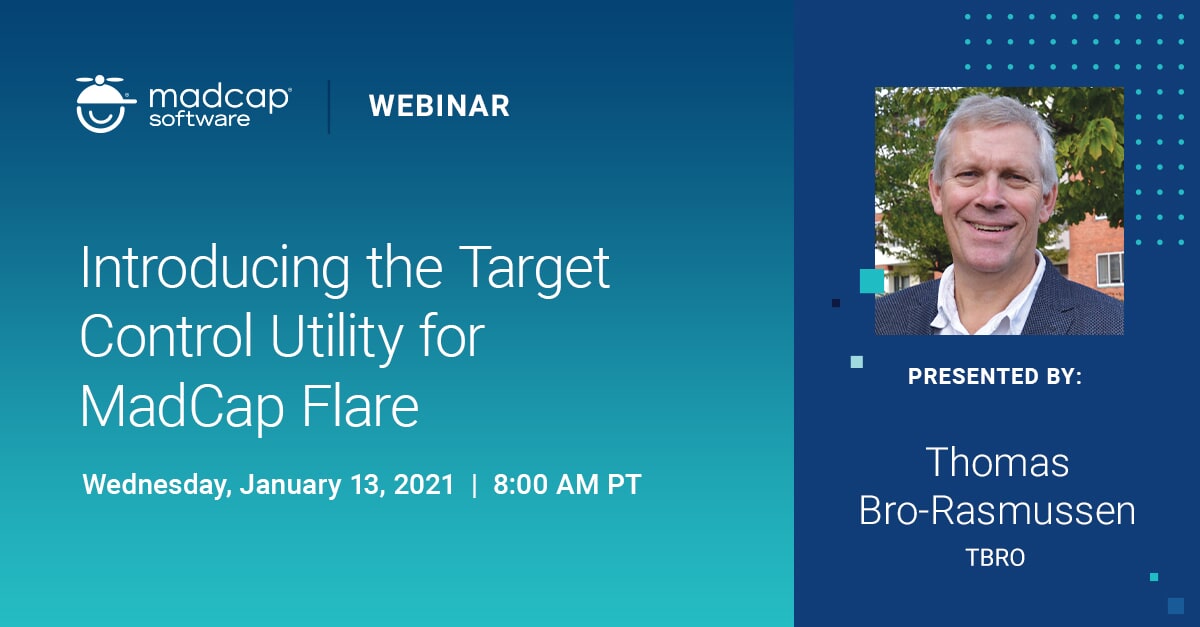 MadCapSoftware's tweet image. Last chance to sign up! Join us tomorrow AM to learn how to control a range of different target file options in MadCap Flare, including conditions, variables and PDF options with @tbro_ras new Target Control utility tool. bit.ly/2WxnC2G