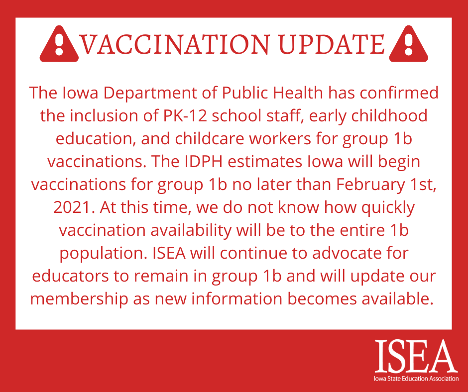 IowaSEA's tweet photo. ***VACCINATION UPDATE*** 
The Iowa Department of Public Health has confirmed the inclusion of PK-12 school staff, early childhood education, and childcare workers for group 1b vaccinations. ISEA will continue to advocate for educators to remain in group 1b. https://t.co/Bvr1fB6seg