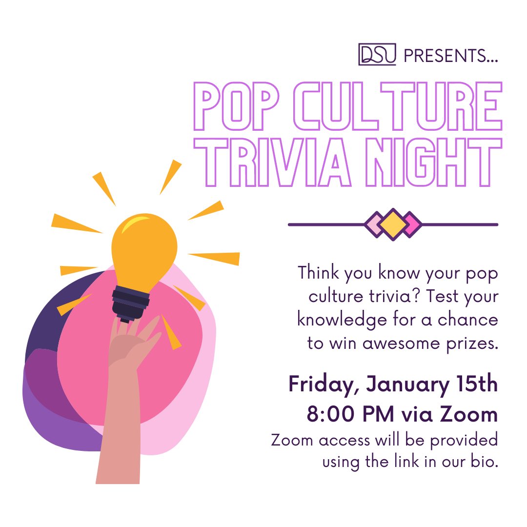 WinthropDSU's tweet photo. THIS FRIDAY!!!
Kick off the semester with pop culture trivia! 🧠‼️
🚨 THERE WILL BE PRIZES 🚨
Access the zoom using the link in our bio. https://t.co/cICsiS1VAX