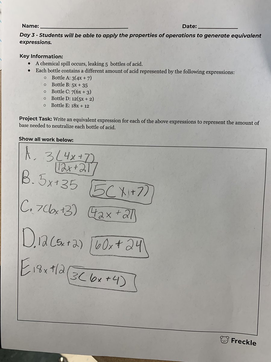 mrsboydmath's tweet photo. Love using Freckle projects to incorporate science into math! We tied in pH levels with generating equivalent expressions by distributing and factoring 😊 #STEMculture https://t.co/Bmp7xdPkud