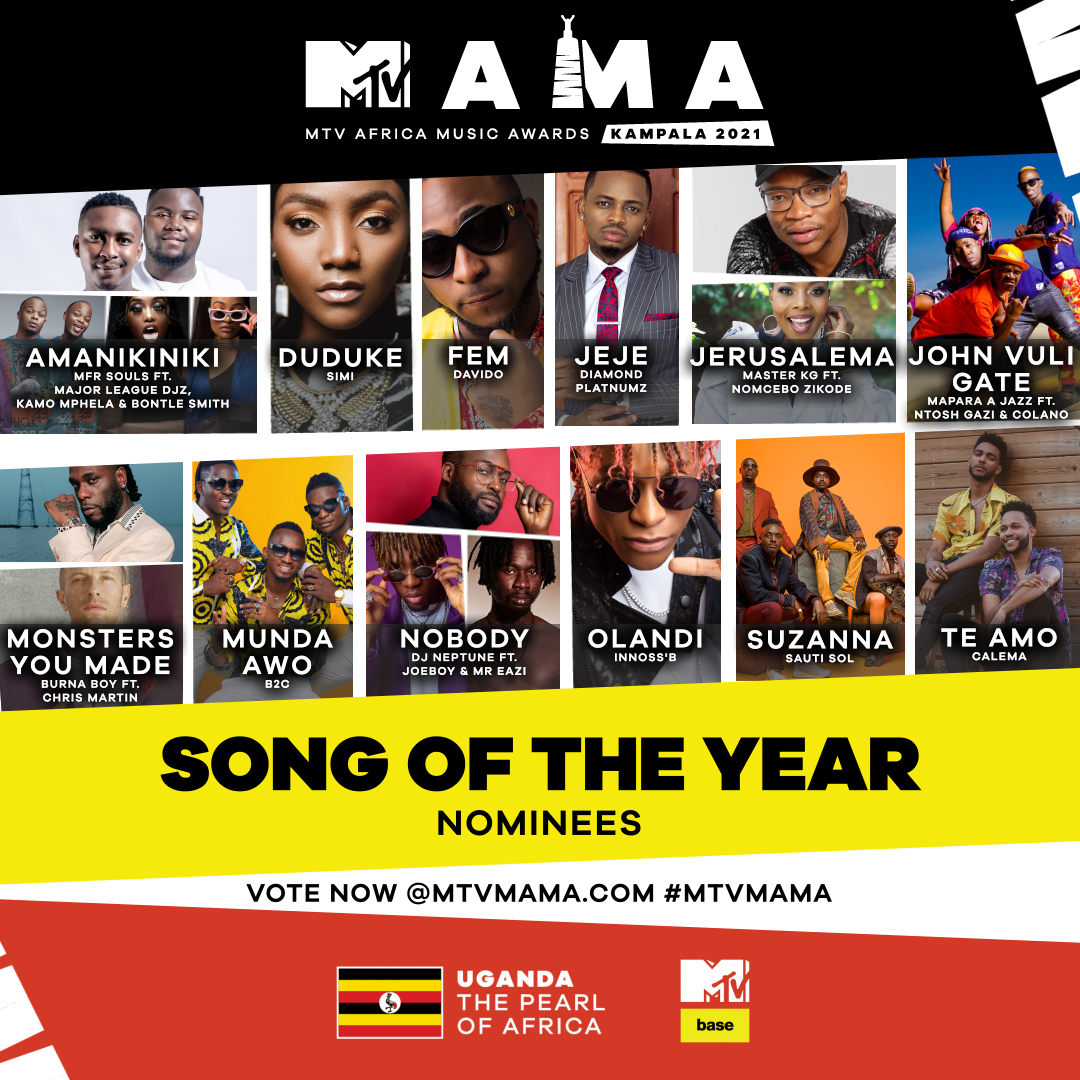 MTVBaseAfrica's tweet photo. It’s time to drop the bass completely & know what tracks made it for the #MTVMAMA Song of the Year.
#Amanikiniki
#Duduke
#FEM
#Jeje
#Jerusalema
#JohnVuliGate
#MonstersYouMade
#MundaAwo
#Nobody
#Olandi
#Suzanna
#TeAmo
Choose Wisely!!!! #VisitUganda https://t.co/SIV5k3yflZ