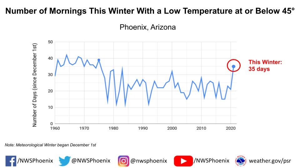 NWSPhoenix's tweet photo. Have the mornings felt cold to you a lot so far this winter? It turns out Phoenix has had the most number of days (35) with a low temperature at or below 45 degrees since 1975! That's pretty remarkable considering the urbanization that's taken place since then. #azwx https://t.co/KOsZo2ihCC