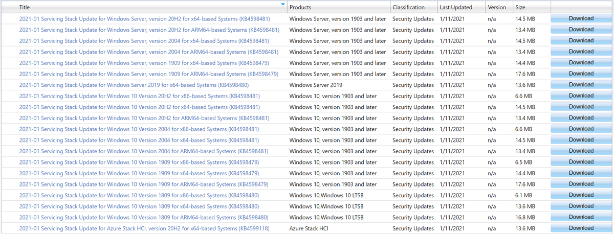 WZorNET's tweet photo. 😉📢⚙️January 12, 2021 #MSFT #PatchDay #ServicingStackUpdate's for Windows 10 / Windows Server #SAC Version's 2004, 20H2 and for Azure Stack HCI, version 20H2 on #MicrosoftUpdateCatalog👉https://t.co/BfEC66HeD3 https://t.co/jVsLR3r4lI