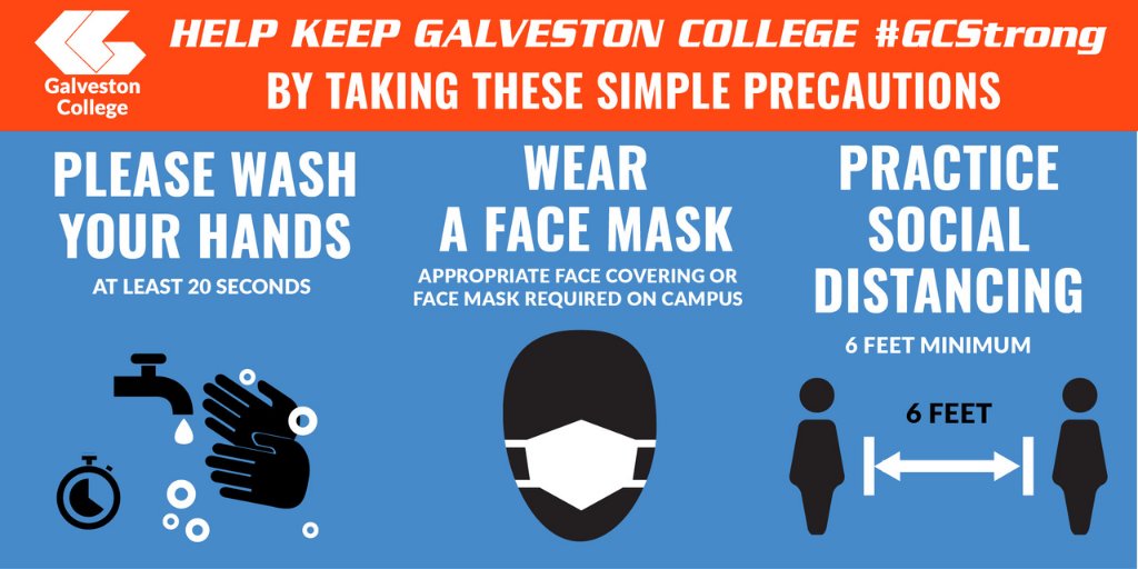 GalvestonEdu's tweet photo. Help keep Galveston College π§‘π #gcstrong by taking these simple precautions.
βοΈ Practice social distancing ( 6 feet minimum)
βοΈ Wear a face mask
βοΈ Please wash your hands at least 20 seconds
#galvestoncollege #campussafety #whitecapsway #galvestontx #covid #washyourhands https://t.co/66ek5lhE06