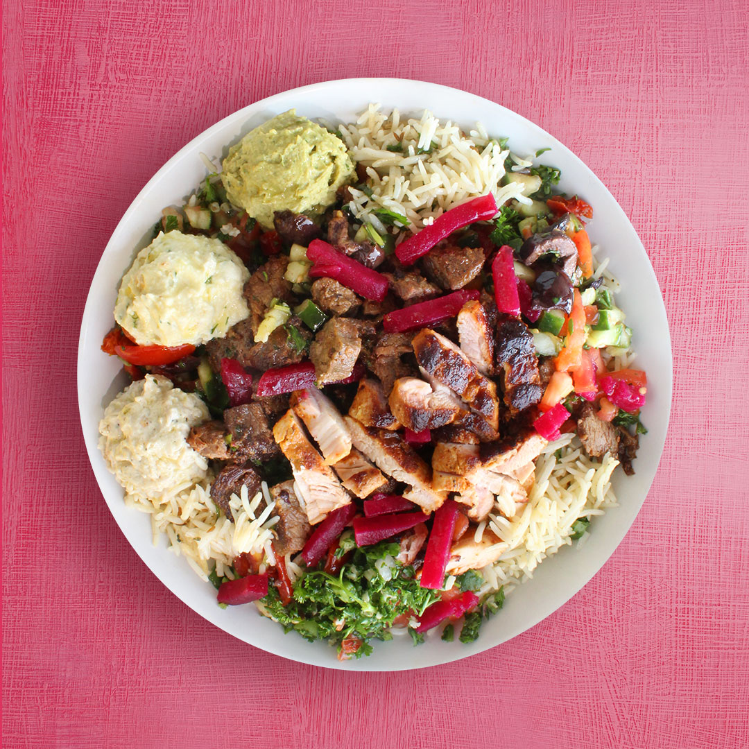 why haven't you tried our new lifestyle bowls??? get the best of both worlds with chicken AND steak shawarma in our new 'shawarma dream bowl'. creamy dips level out the heat in this creation for the perfect mix of deliciousness.