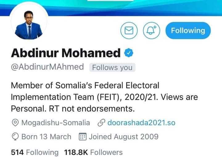  @AbdinurMAhmed waxaa uu hadda ka tirsan yahay Guddiga lagu muransan yahay ee Doorasho ee Garabka  @M_Farmaajo Qof shaqaale dowladeed ahaa ee ku muteysatay Aflagaadada & akhlaaq darrada uu ku sameynaayey Madaxda & dhaca dadka Somaliyed ee uu u geystay ee degan Gobolka Banaadir.