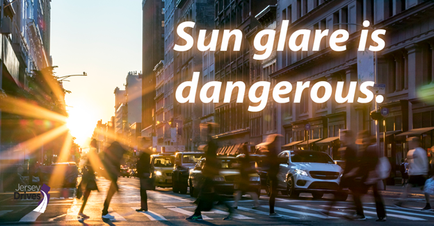 NJSACOP's tweet photo. Sun glare can leave drivers temporarily blinded. Wear polarized sunglasses and keep your windshield clean to improve visibility. #BeStreetSmartNJ #JerseyDrives #PedestrianSafety #DriverSafety #SunBlinding https://t.co/7PXchhniUt