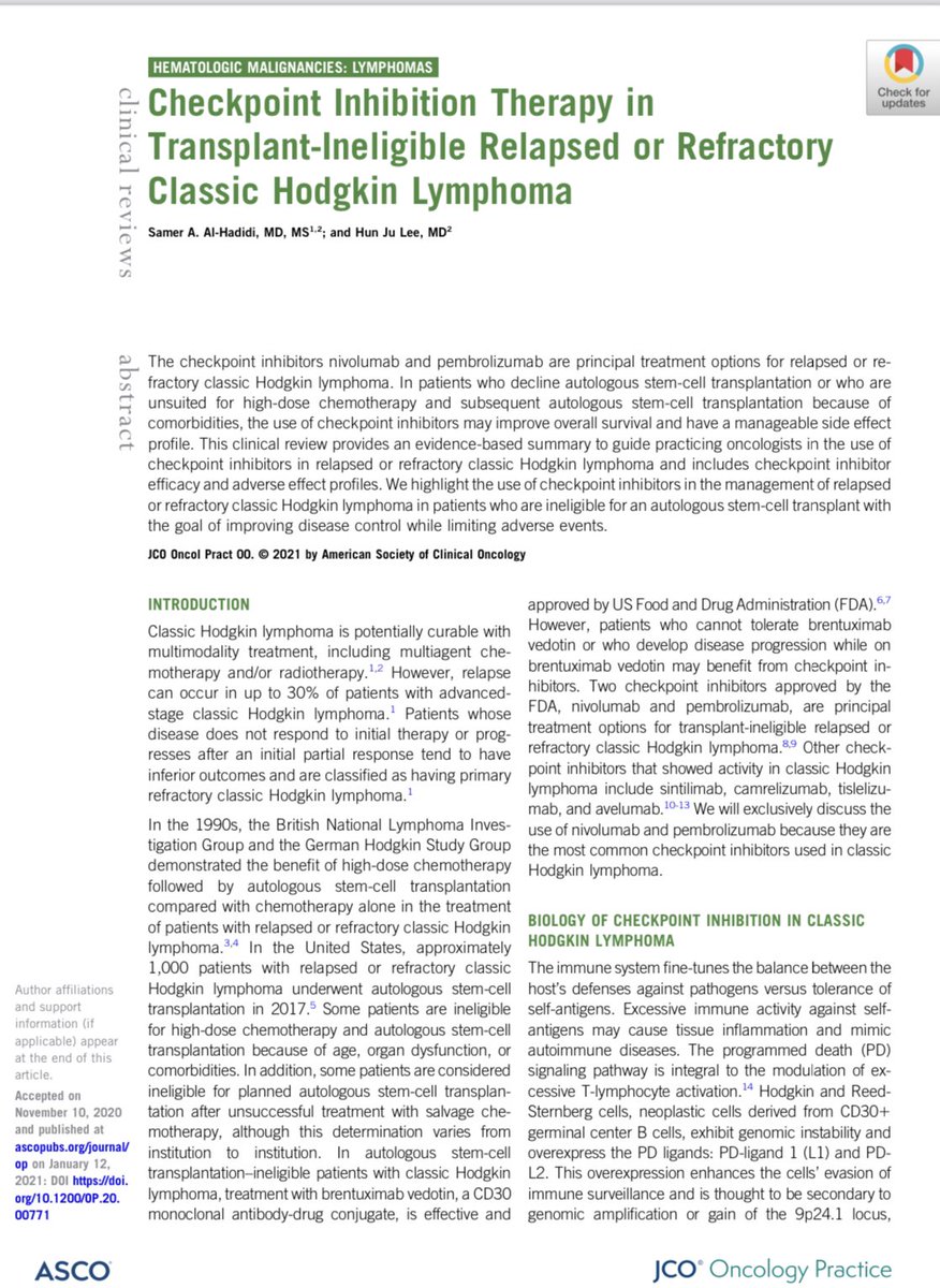 HadidiSamer's tweet photo. Check out our recent publication: 

Checkpoint Inhibition Therapy in Transplant-Ineligible Relapsed or Refractory Classic Hodgkin Lymphoma 
@ASCO_pubs @ASCO @bcmhouston @BCMDeptMedicine @BCMHemeOnc @OncoAlert #MedTwitter #lymphoma #Immunotherapy

https://t.co/zAr0Le48bF https://t.co/sRUaSLLYlj