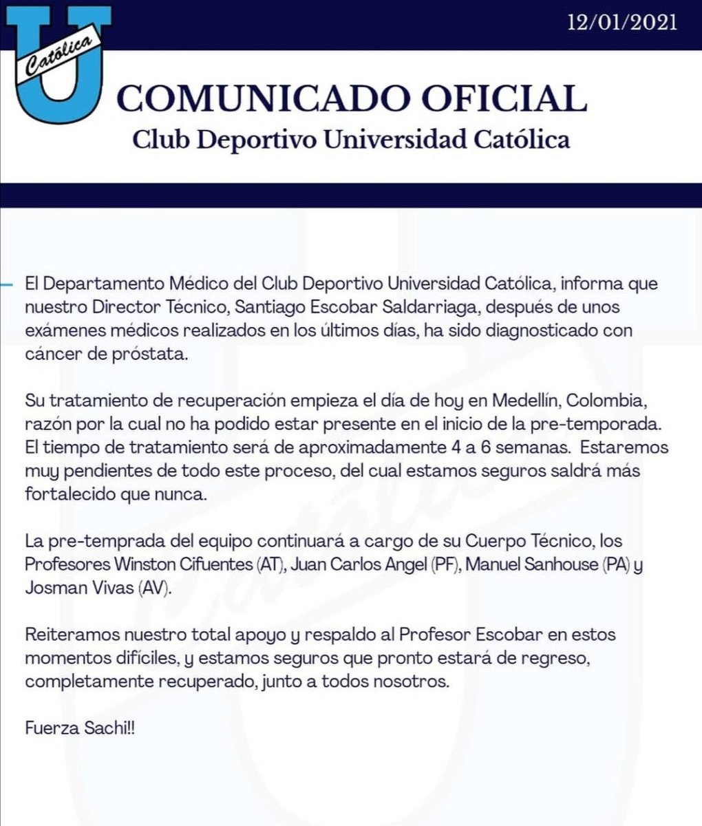 notiactivo's tweet photo. El Director Técnico Santiago Escobar fue diagnosticado con cáncer de próstata, su tratamiento lo realizará en Medellín, Colombia y el equipo camarata queda en manos de sus colaboradores para comenzar con la pretemporada. https://t.co/oUToChZrkV