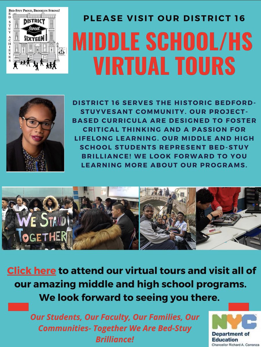 Please visit our District 16 Middle School/High School Virtual Tours! Come see all the amazing things happening in District 16. The tour dates and the links are here docs.google.com/document/d/1nb… @D16SuptYMartin @ExecSuptKWatts @FabayoMcintosh @KatieVitaleBK @NYCSchools
