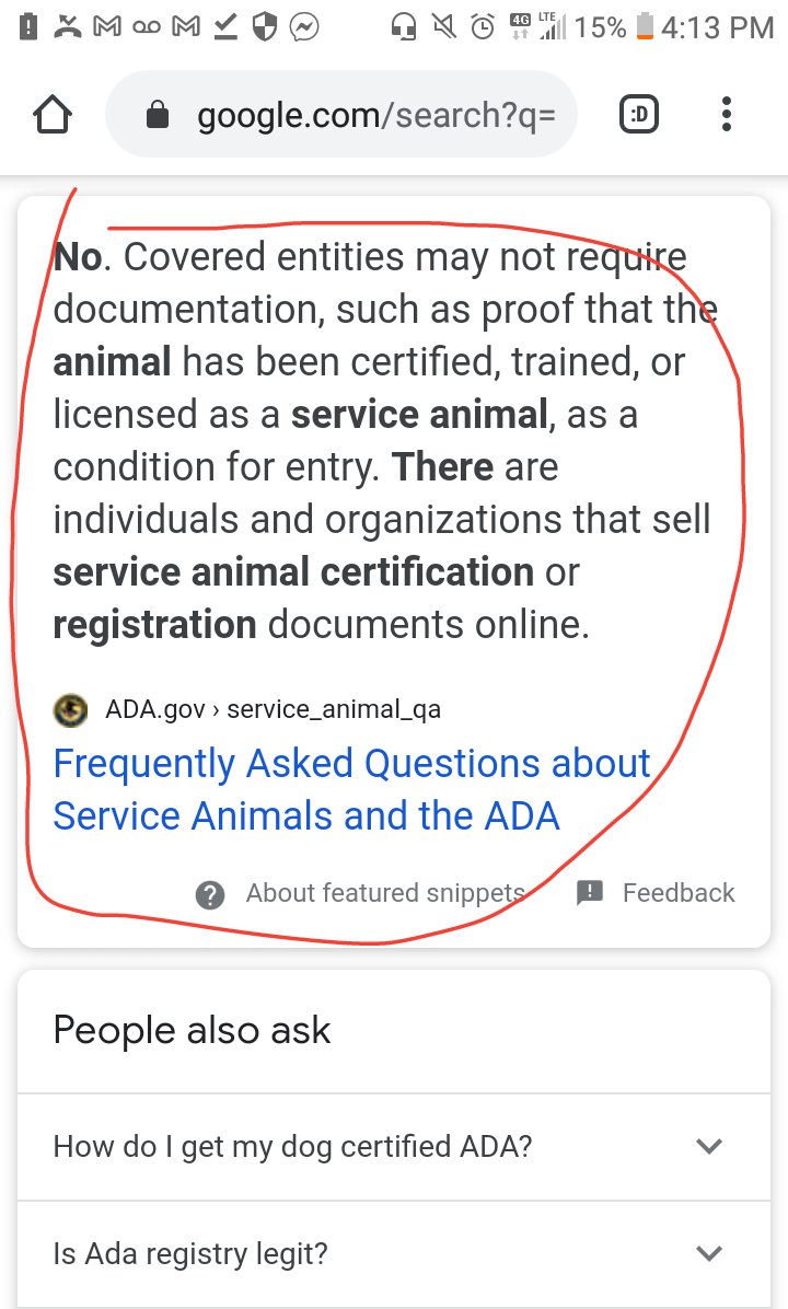 PMidoriko's tweet photo. @FoxNews She wrote

" While trained service dogs are still welcome aboard commercial flights with proof of proper registration.."
Which is false information. Under the ADA there is no registery for service dogs https://t.co/yoTSyxWChD