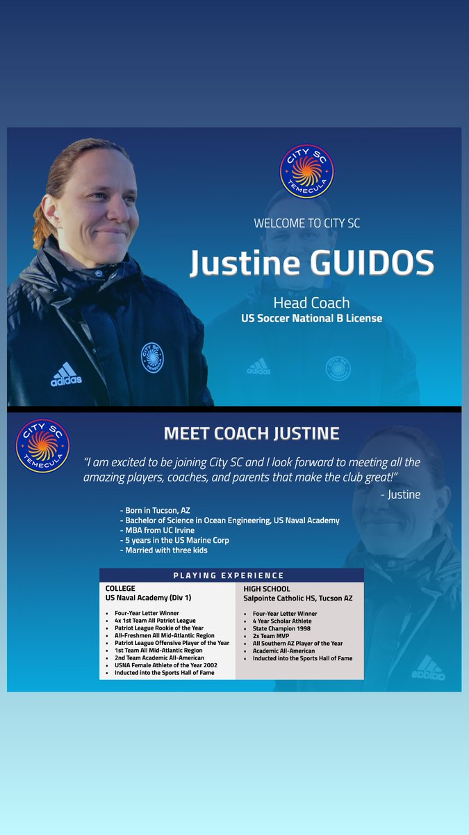 CitySCTemecula's tweet photo. Welcome Justine Guidos! Coach Justine is an accomplished coach with a reputation of developing players the proper way. Her vision and principles make her a coach with a bright future beyond youth soccer. She holds a National "B" Coaching License. #temecula #murrieta https://t.co/XrvLNzJw95