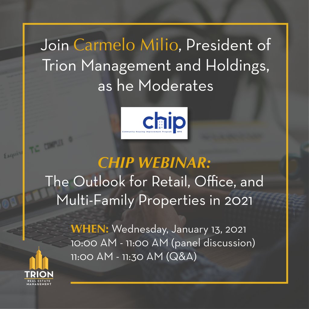 Tomorrow, Carmelo Milio will be moderating the CHIP Webinar: The Outlook for Retail, Office, and Multi-Family Properties in 2021. Dont miss out, RSVP below: buff.ly/2XN1n9P
