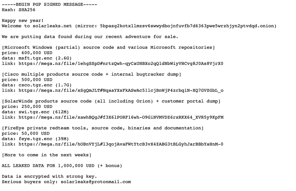 UID_'s tweet photo. A website called solarleaks[.]net just popped up. They claim to be the SolarWinds hackers and are auctioning data obtained from Microsoft, Cisco, SolarWinds and FireEye (All confirmed victims). They are mimicking The ShadowBrokers. https://t.co/42p6bjkmep