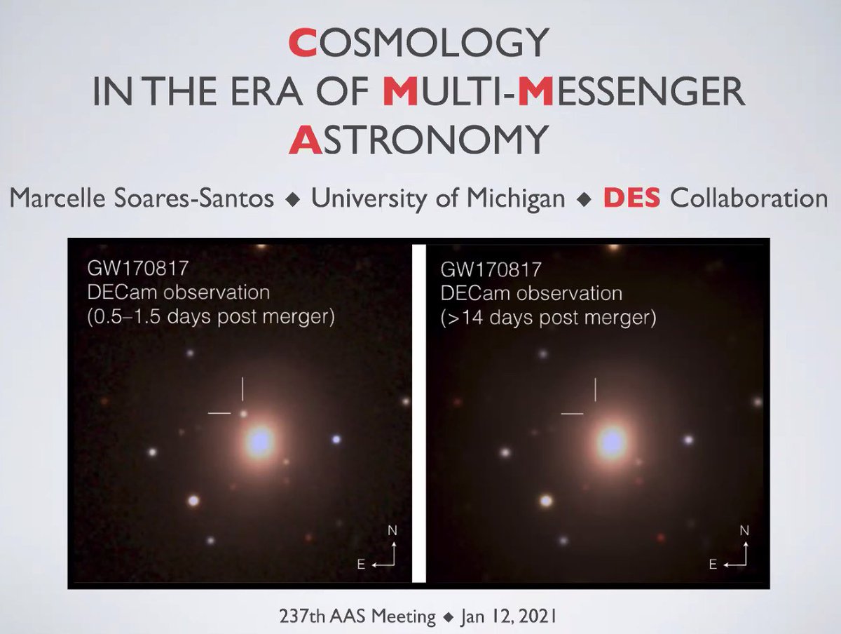 Our next event is a plenary talk by Marcelle Soares-Santos on Cosmology in the era of Multi-Messenger Astronomy. Note the title slide shows a rare binary merger. #AAS237
