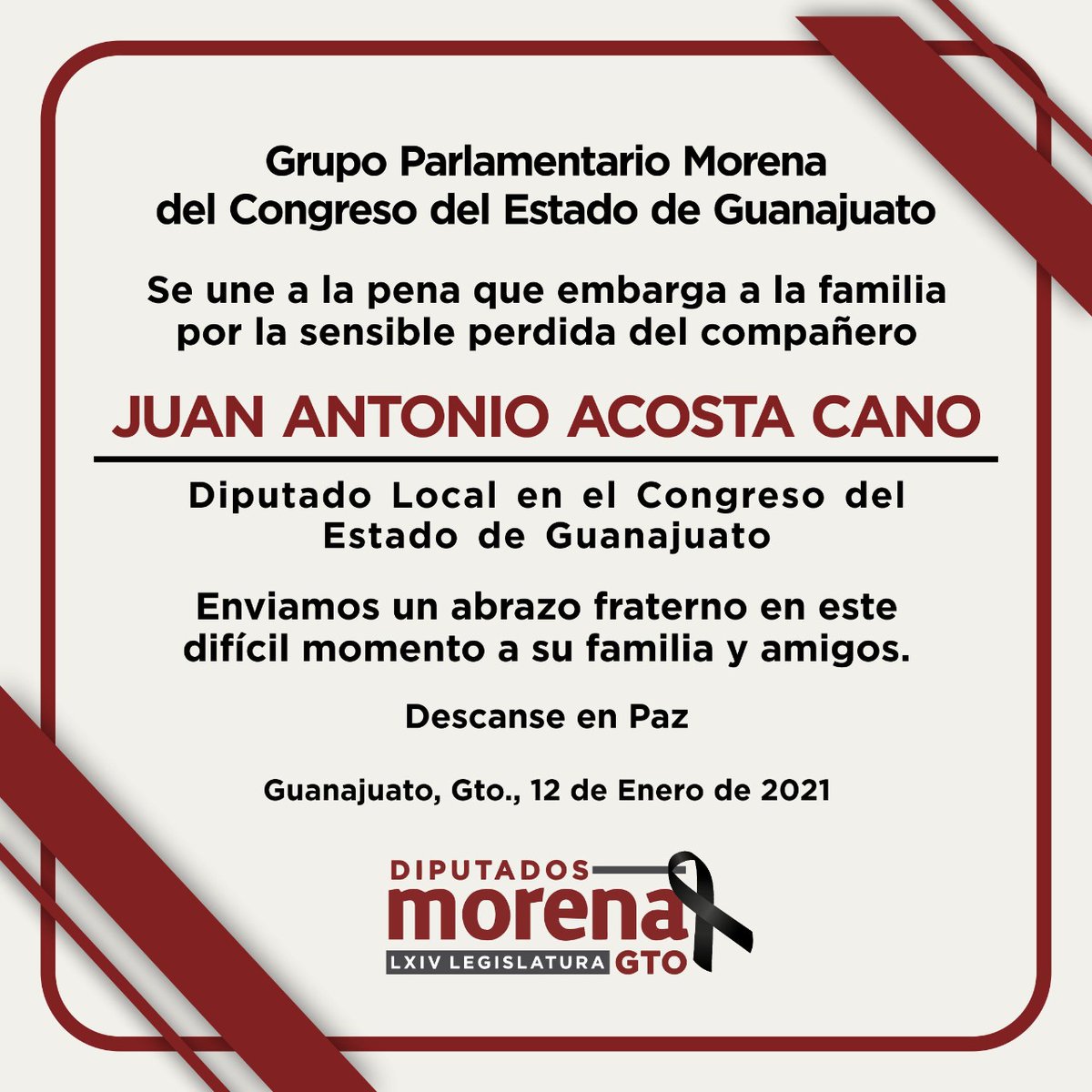GPMorena Gto LXIV (@morenagtolxiv) on Twitter photo El Grupo Parlamentario de Morena del <a href="/CongresoGto/">Congreso del Estado de Guanajuato</a>, se une a la pena que embarga a familiares, amigos y compañeros del Diputado Juan Antonio Acosta Cano por su sensible fallecimiento. El Grupo Parlamentario de Morena del <a href="/CongresoGto/">Congreso del Estado de Guanajuato</a>, se une a la pena que embarga a familiares, amigos y compañeros del Diputado Juan Antonio Acosta Cano por su sensible fallecimiento.