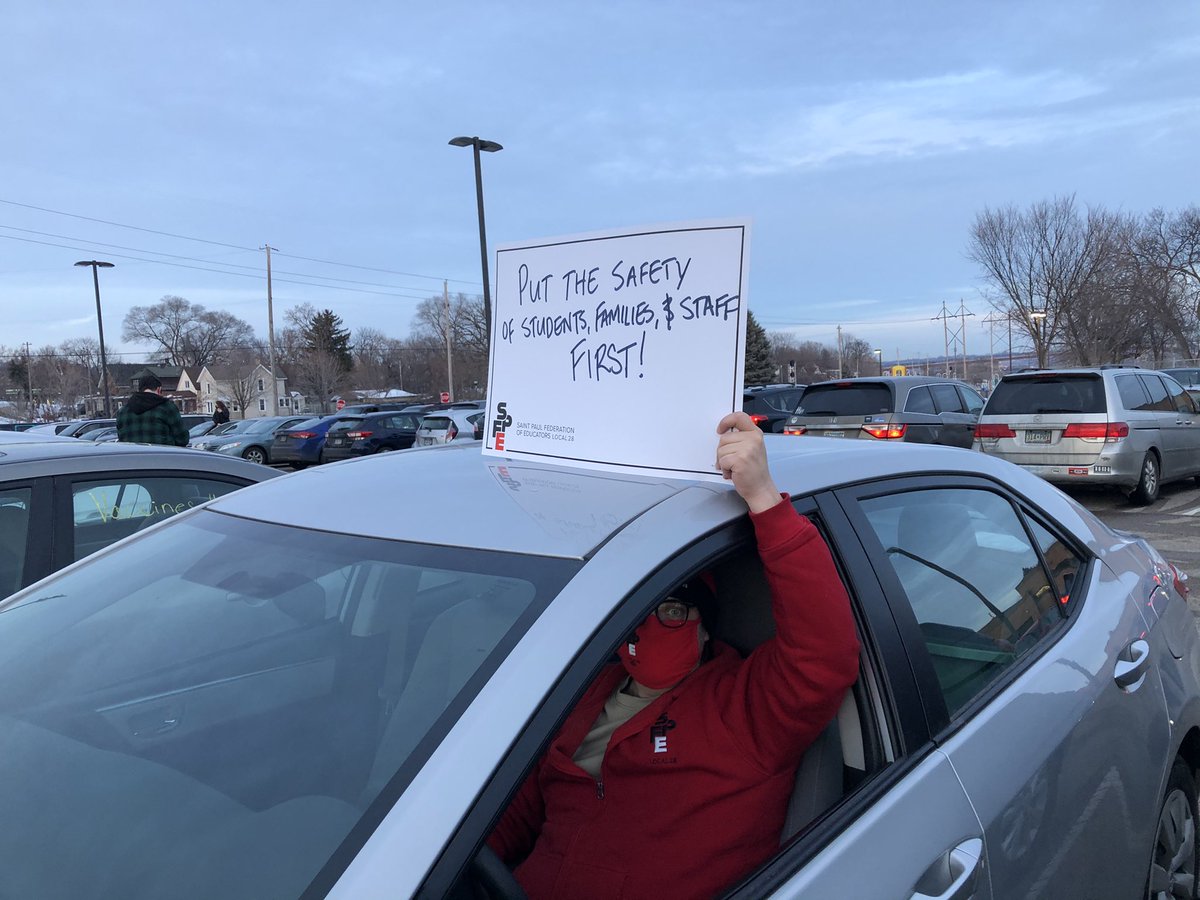 unionadvocate's tweet image. Educators in Saint Paul are about to begin a car rally in the school district office parking lot. @SPFE28 members, parents and health care workers will call on @SPPS_News to hold off on plans to reopen buildings until staff who work with students can access COVID vaccines