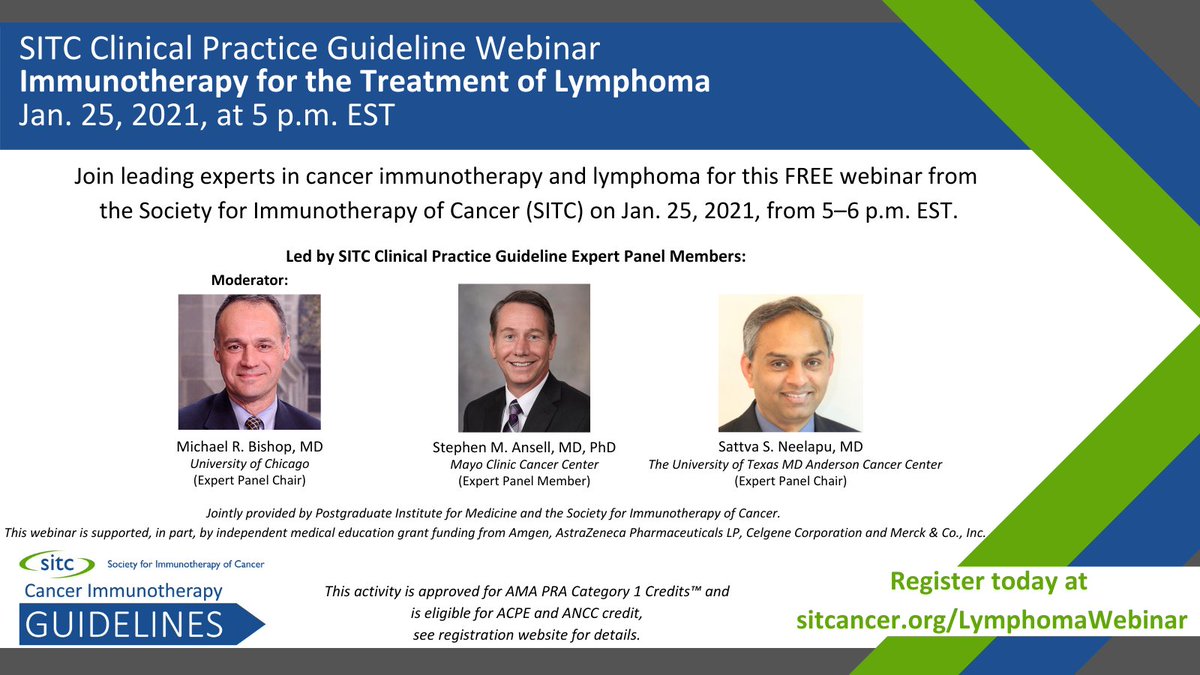 Society for Immunotherapy of Cancer (@sitcancer) on Twitter photo Register now for the free Jan. 25 #SITCGuidelines #webinar on #lymphoma, featuring Drs. Stephen Ansell (<a href="/MayoCancerCare/">Mayo Clinic Comprehensive Cancer Center</a>), Michael Bishop <a href="/mrbishop_UC_BMT/">Michael R Bishop</a> (<a href="/UChicago/">The University of Chicago</a>) and Sattva Neelapu (<a href="/md/">Mark Douglass</a> AndersonNews)! Register at sitcancer.org/LymphomaWebinar Register now for the free Jan. 25 #SITCGuidelines #webinar on #lymphoma, featuring Drs. Stephen Ansell (<a href="/MayoCancerCare/">Mayo Clinic Comprehensive Cancer Center</a>), Michael Bishop <a href="/mrbishop_UC_BMT/">Michael R Bishop</a> (<a href="/UChicago/">The University of Chicago</a>) and Sattva Neelapu (<a href="/md/">Mark Douglass</a> AndersonNews)! Register at sitcancer.org/LymphomaWebinar