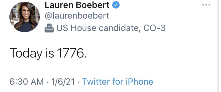 <a href="/RepBoebert/">Rep. Lauren Boebert</a> <a href="/CapitolPolice/">The U.S. Capitol Police</a> You tweet this is 1776. Own it, Lauren. #insurrection. Also, live tweeting the location of .<a href="/SpeakerPelosi/">Nancy Pelosi</a> is seditiousAF