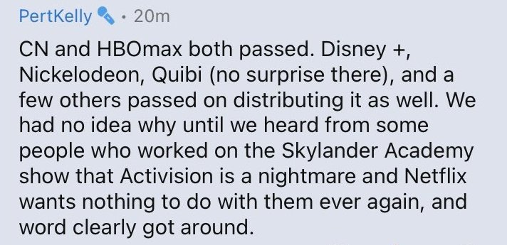 Interestingly, no other streaming service or network was willing to distribute the show because of Activision's troubled past with Netflix on Skylanders Academy.Amazon seemed to be the only one who would take them, and even then, Acti's troubles with negotiating halted things.