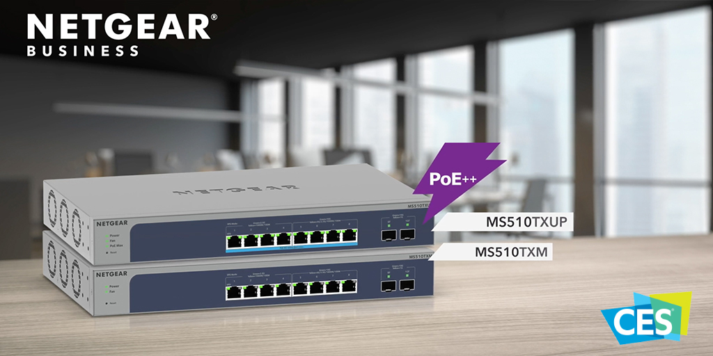 NETGEAR's tweet photo. Two new Multi-Gigabit Ethernet 2.5G / 10G Remote and Smart Managed Pro Switches are here to strategically power your professional WiFi 6 AP deployments. Discover MS510TXUP and MS510TXM on our virtual @CES event now.  https://t.co/1YtVOx3rCn
#NETGEARswitch #NETGEARCES2021 https://t.co/lid40cIP58