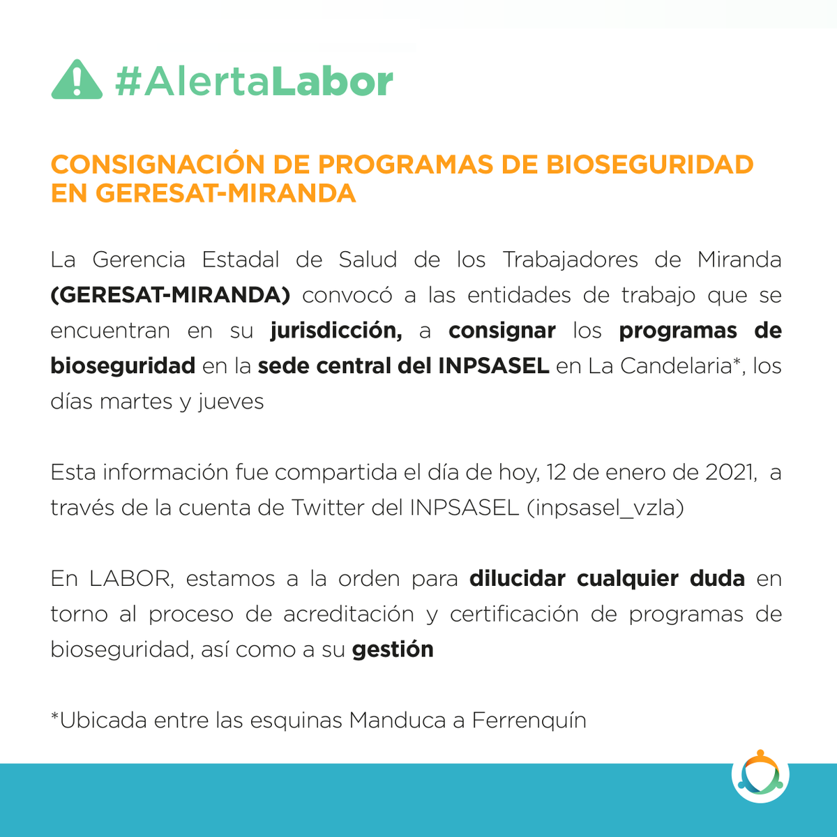 LaborGG's tweet photo. #AlertaLabor: Geresat-Miranda convoca a las entidades de trabajo a consignar los programas de #Bioseguridad.

En LABOR, estamos a la orden para dilucidar cualquier duda sobre el proceso de acreditación y certificación de programas de bioseguridad. https://t.co/0ePKd8R6ja