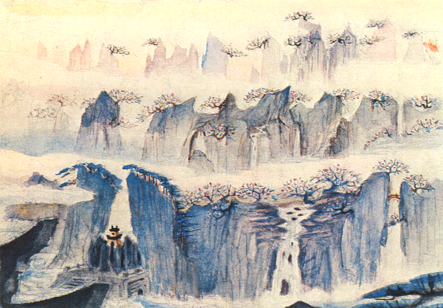 Background concepts for Uproar in Heaven (1961–1964), dir. Wan Laiming and Tang Cheng, Shanghai Animation Film Studio

Some of the top artists in China designed the visuals for this seminal work of Shanghai animation -- these pieces were done by illustrator Zhang Zhengyu