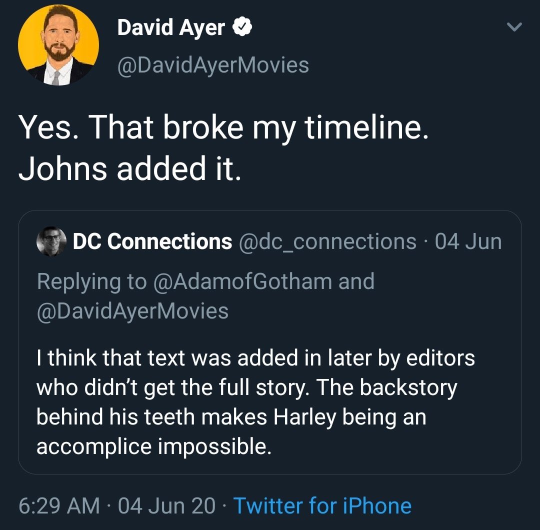 In the post-production of Suicide Squad, Johns came and worked in the editing room for that film which broke Ayer’s timeline like Harley being responsible for the death of Robin.