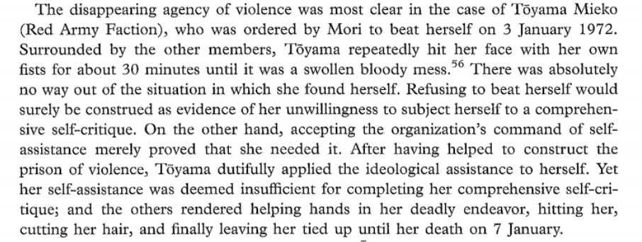 Mori and Nagata demanded absolute loyalty from URA members and ended up killing 14 of their own, but not before physically and psychologically torturing them.As part of their self-criticism struggle sessions, one follower had to beat herself in the face. She was killed anyways.