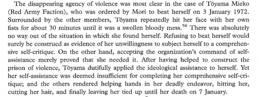 Mori and Nagata demanded absolute loyalty from URA members and ended up killing 14 of their own, but not before physically and psychologically torturing them.As part of their self-criticism struggle sessions, one follower had to beat herself in the face. She was killed anyways.