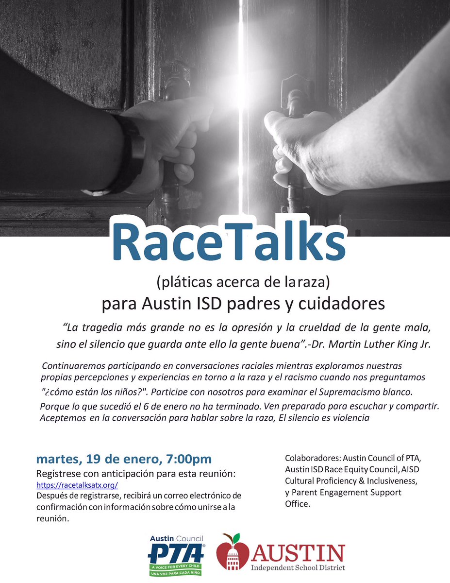aisdparents's tweet photo. Save The Date: Tuesday, January 19th- RaceTalks.
All Are Welcome to join us-@AustinISD 
See flyer for details. 

Información disponible en español https://t.co/fB8O0bYcXo