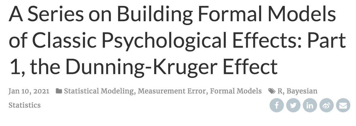 1/n Alright, recent discussions re the Dunning-Kruger effect sparked my interest, and I have put together a blog on building a generative model of the classic effect! (the start of what I hope to be a series)Link:  http://haines-lab.com/post/2021-01-10-modeling-classic-effects-dunning-kruger/  https://twitter.com/Nate__Haines/status/1346325849541369856