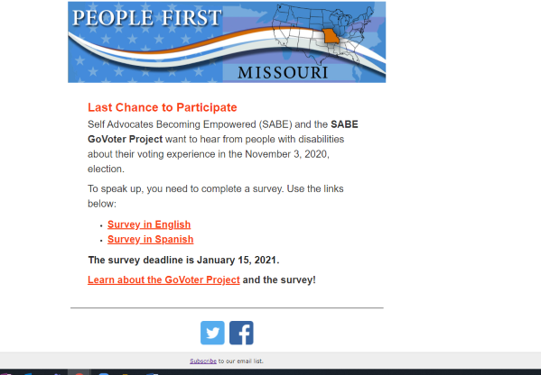 Self Advocates Becoming Empowered (SABE) and the SABE GoVoter Project want to hear from people with disabilities about their voting experience in the November 3, 2020, election. 
Survey in English: surveymonkey.com/r/SABEGoVoter2…

Survey in Spanish:  surveymonkey.com/r/SABEGoVoter2…