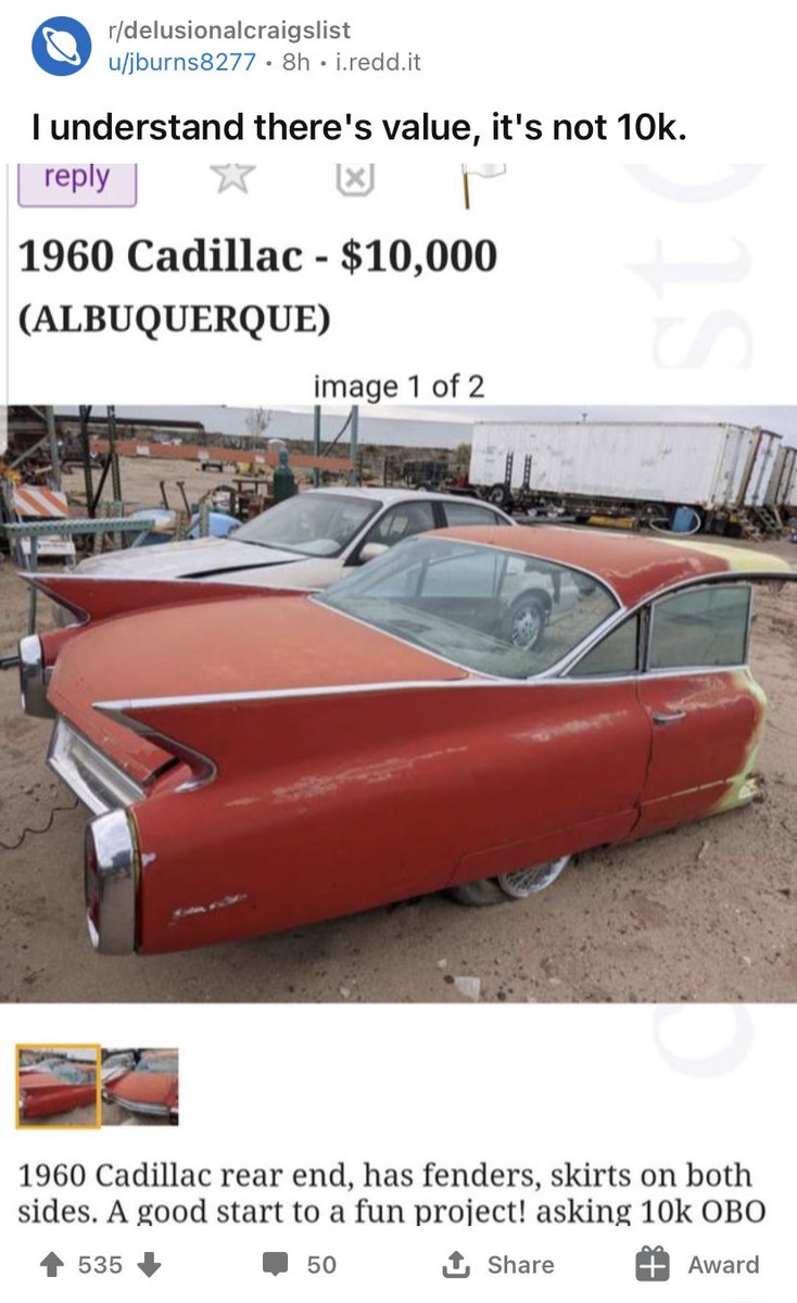 Idle thoughts on RE valuation:r/delusionalcraigslist is a subreddit for absurd Craigslist ads. A common occurrence there is for someone to share an ad for an item they think is insanely priced, and then for others to explain why it’s actually not a bad deal at all. 1/