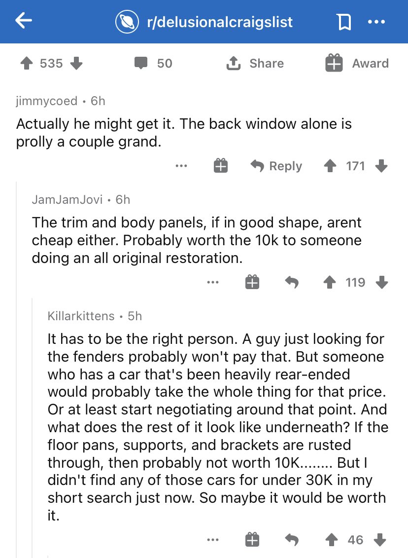 Idle thoughts on RE valuation:r/delusionalcraigslist is a subreddit for absurd Craigslist ads. A common occurrence there is for someone to share an ad for an item they think is insanely priced, and then for others to explain why it’s actually not a bad deal at all. 1/